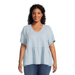 TERRA & SKY WOMENS SZ 4 XL (28 W / 30 W) V - NECK TOP LIGHT BLUE BABYDOLL SS NWT